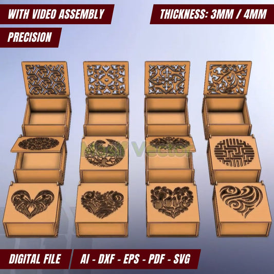 Digital designs for decorative wood box templates showcasing unique laser-cut patterns! Perfect for Cricut SVG projects. Includes AI, DXF, EPS, PDF, and SVG files featuring geometric and heart motifs. Ideal for all crafting enthusiasts!