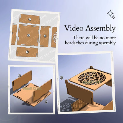 A collage illustrates a step-by-step assembly guide for a 12 pattern jewelry gift box Highlighting how this video assembly ensures no headaches with its ease of setup.