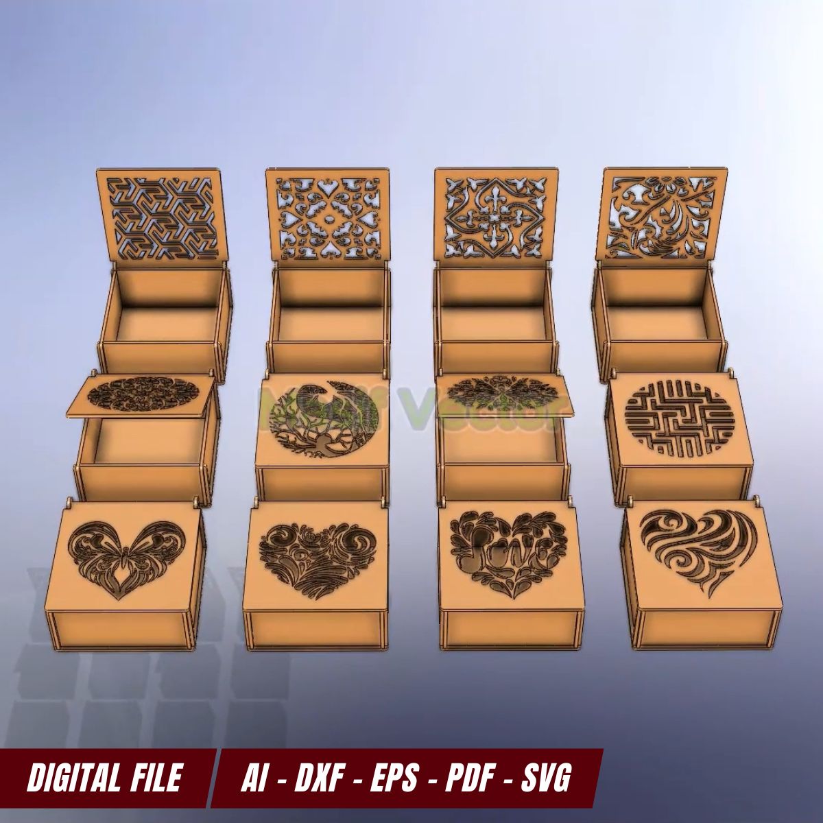 Digital files for decorating jewelry box templates showcasing unique patterns! Perfect for Cricut SVG projects. Includes AI, DXF, EPS, PDF, and SVG files featuring geometric and heart motifs. Ideal for all crafting enthusiasts!