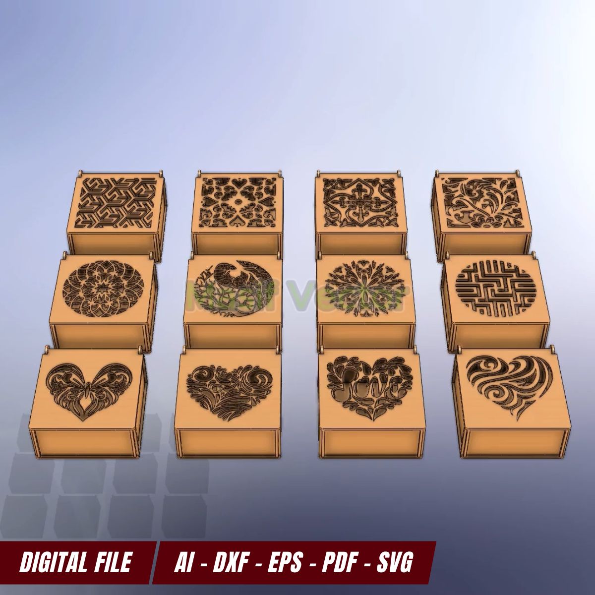 laser cut files for jewelry gift box templates showcasing cute patterns! Perfect for DIY SVG projects. Includes AI, DXF, EPS, PDF, and SVG files featuring geometric and love motifs. Ideal for all crafting enthusiasts!