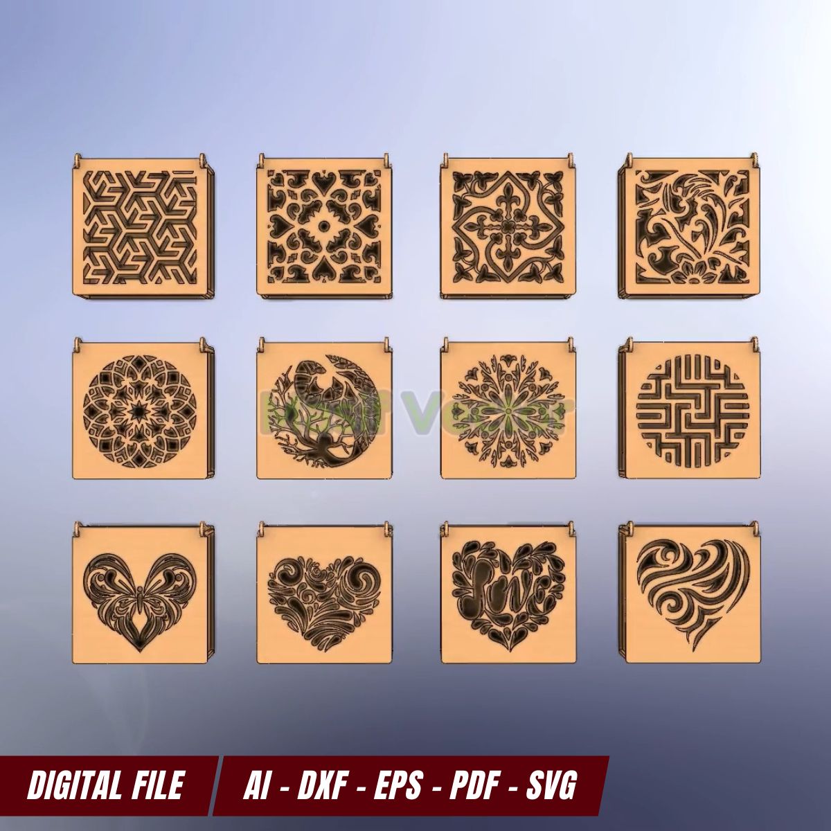 Create your own beautiful jewelry gift box with our precise, laser cut files. The 12 included patterns, such as squares, circles, and love designs.