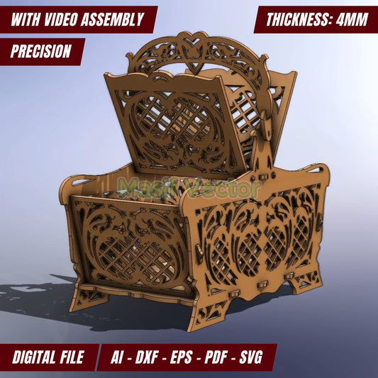 Precisely laser cut files basket with a functional lid, featuring patterns on all sides. For storing food, gifts, or household items. Its spacious interior and sturdy build make it ideal for DIY enthusiasts, home decor, or as a unique handmade gift.