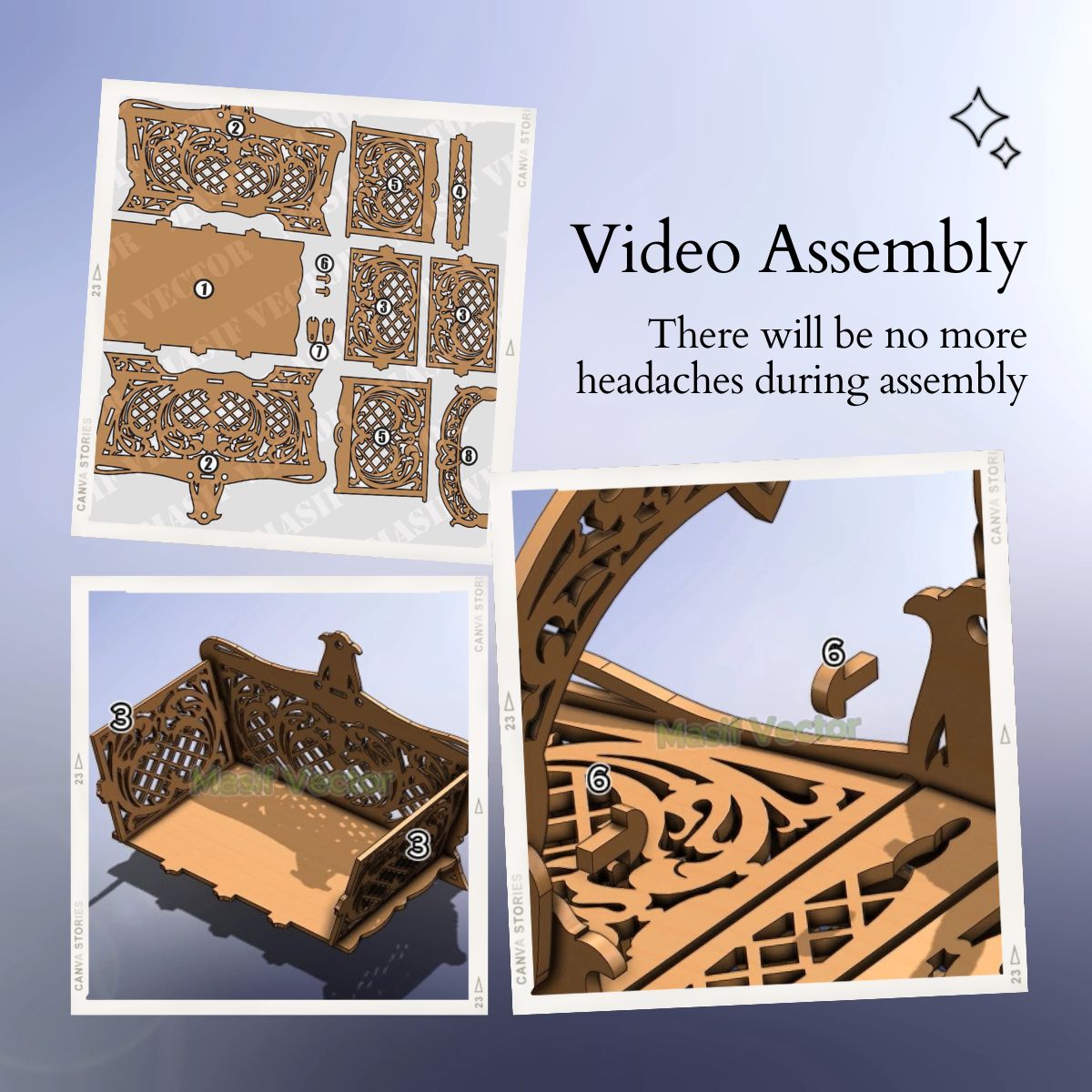 A collage illustrates a step-by-step assembly guide for a laser-cut basket with lid. Highlighting how this video assembly ensures no headaches with its ease of setup.