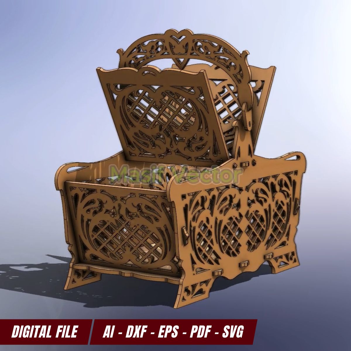 Large laser cutting basket with a lid that opens and closes, featuring intricate patterns on all sides. Perfect for storage or food