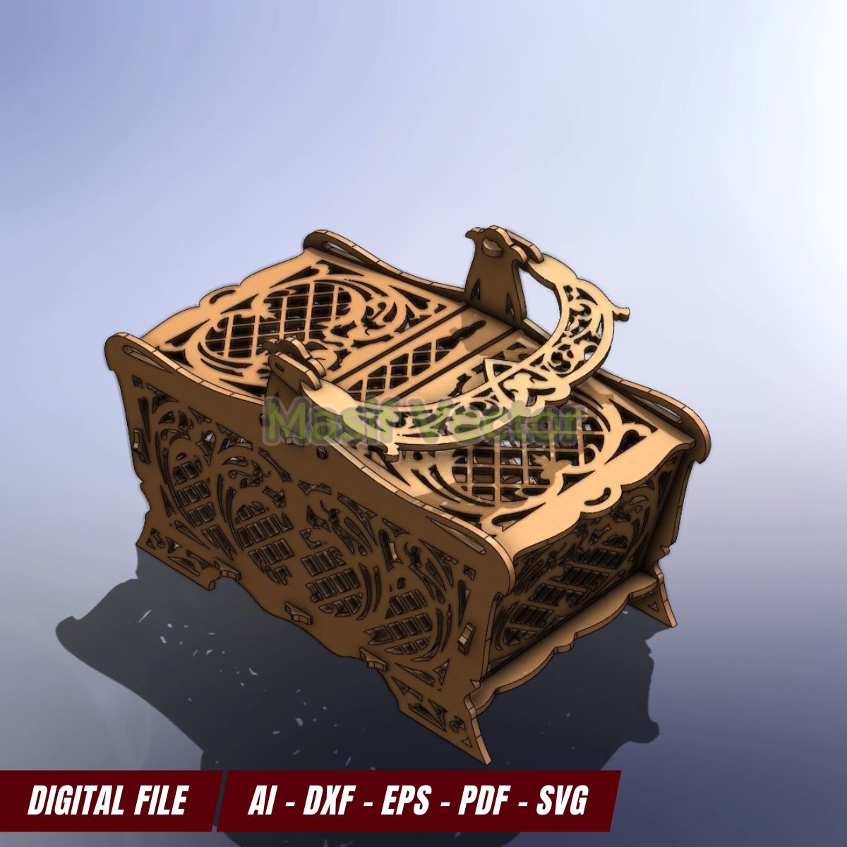 Wooden basket with detailed laser-cut designs and a functional lid. Ideal for DIY enthusiasts and decorative storage.