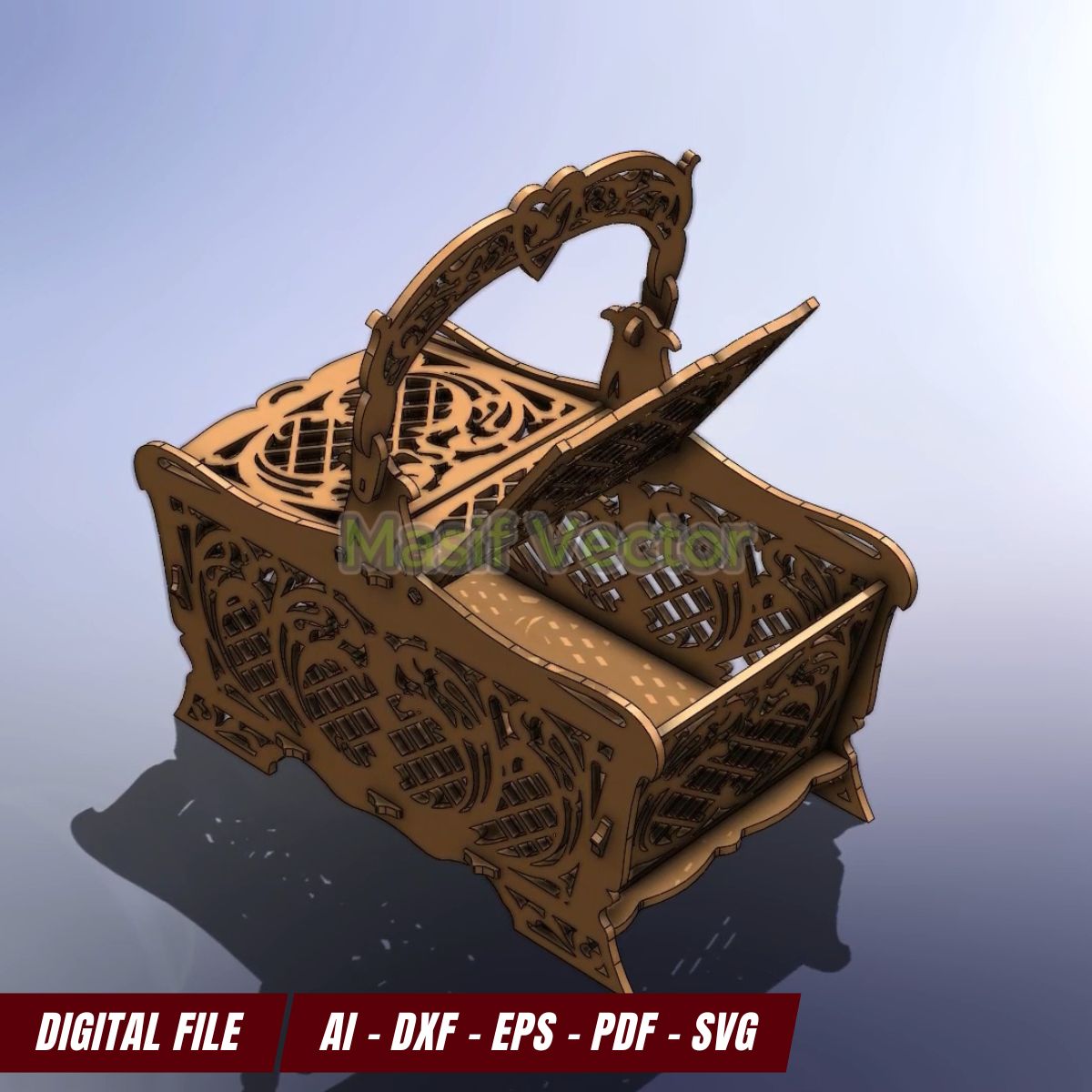 Laser cut file basket showing the spacious interior and unique lid design. Great for storing items or serving as a gift box.