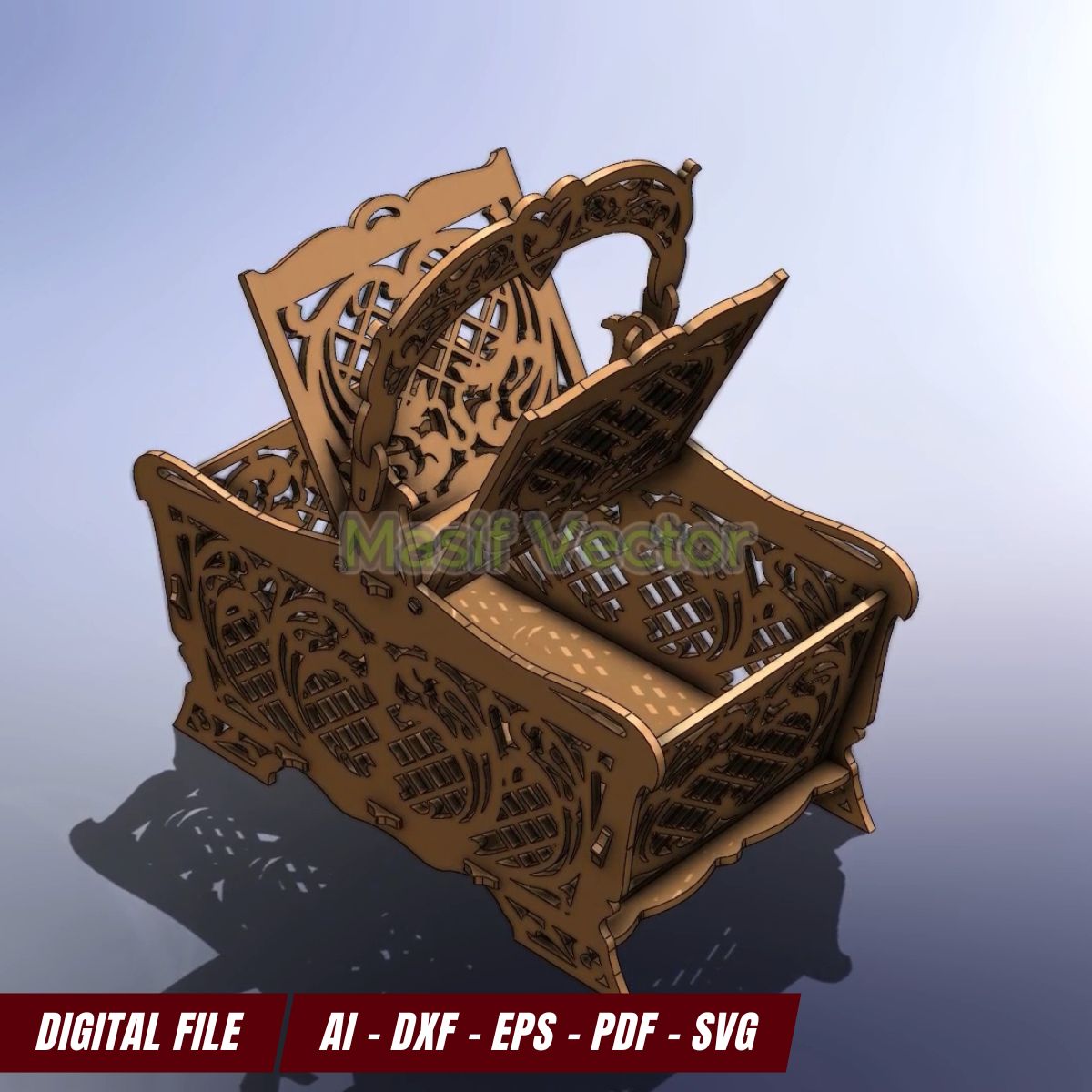 Laser cut basket design showing the spacious interior and unique lid design. Can be open at both side. Great for storing items or serving as a gift box.