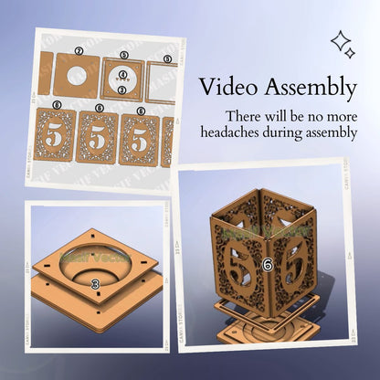 A collage illustrates a step-by-step assembly guide for a tealight candle holder. Highlighting how this video assembly ensures no headaches with its ease of setup.