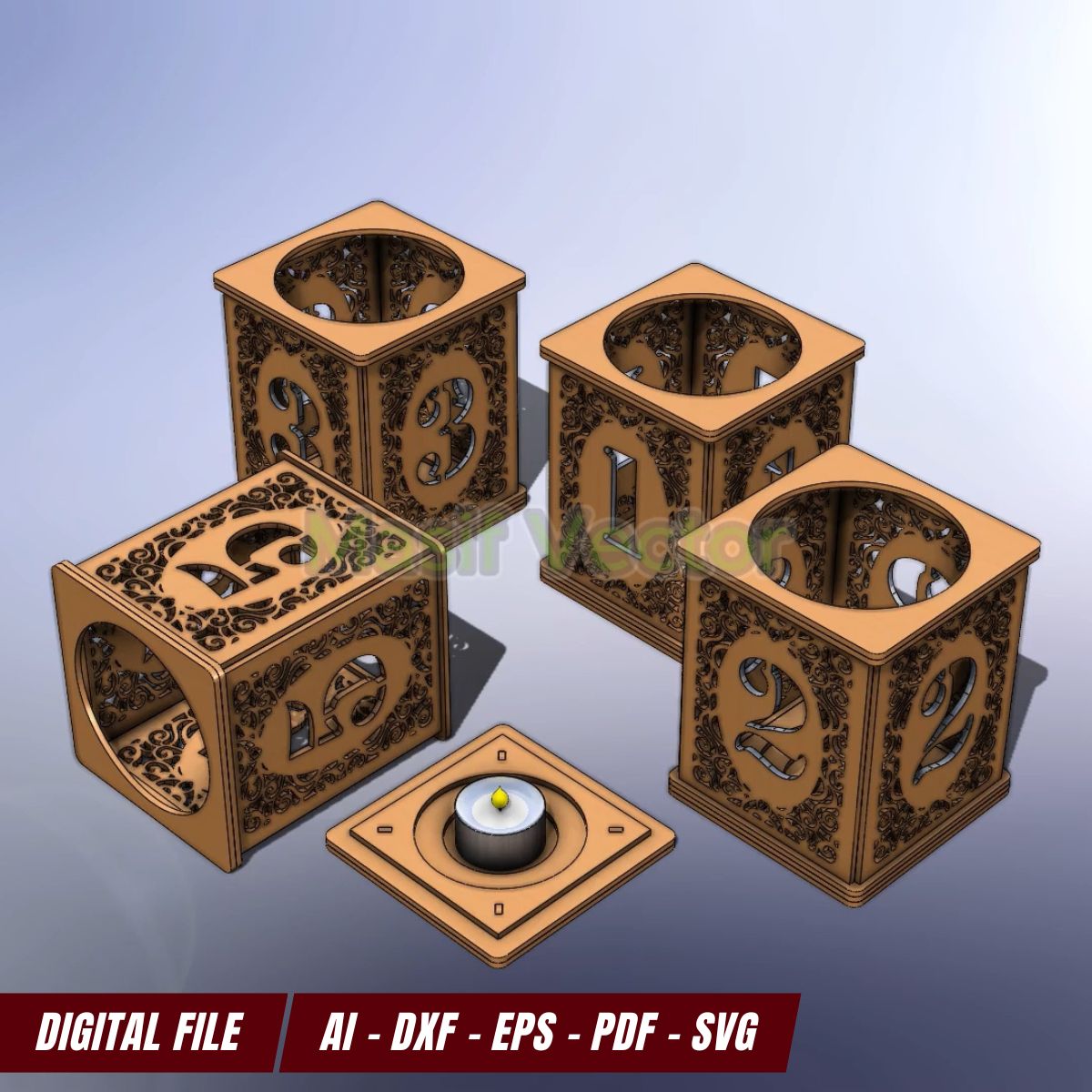 Laser-cut tealight holder with geometric patterns and table numbers, perfect for restaurants, cafes, or events. Functional and decorative, made for modern table decor. Great for organizing tables with a warm candlelight glow.