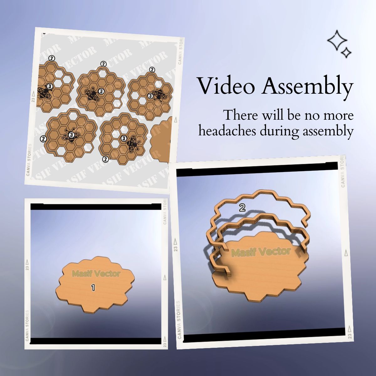 A collage illustrates a step-by-step assembly guide for a honeycomb pattern coaster. Highlighting how this video assembly ensures no headaches with its ease of setup.