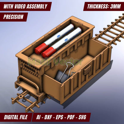 Close-up of the train-shaped desk organizer drawer, ideal for storing small stationery items. Featuring a functional drawer and multiple storage sections. SVG laser cut files available for DIY enthusiasts.