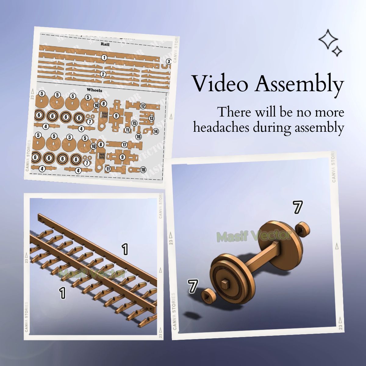 A collage illustrates a step-by-step assembly guide for a laser-cut train-themed desk organizer. Highlighting how this video assembly ensures no headaches with its ease of setup.