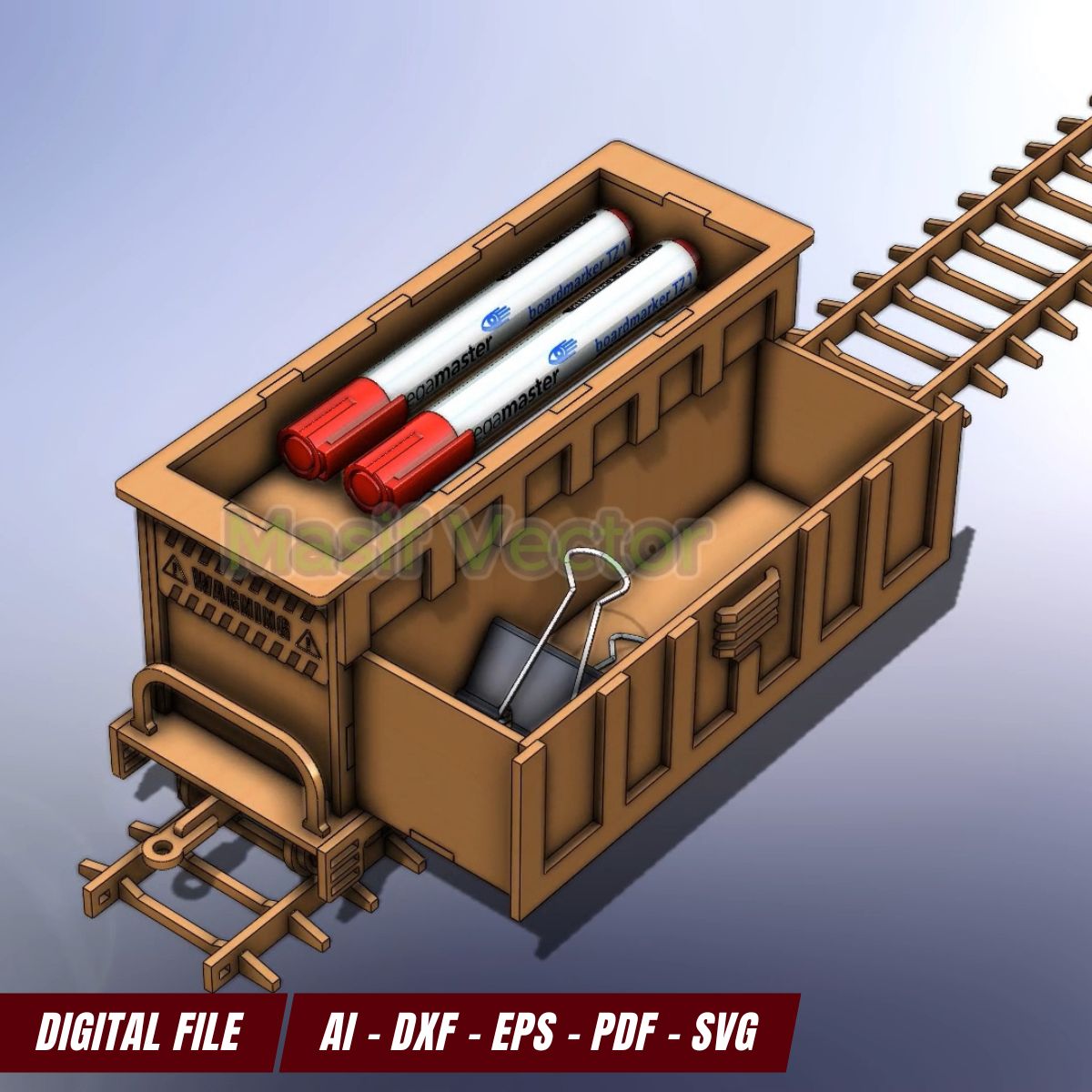 Close-up of the train-shaped desk organizer drawer, ideal for storing small stationery items. Featuring a functional drawer and multiple storage sections. SVG laser cut files available for DIY enthusiasts.