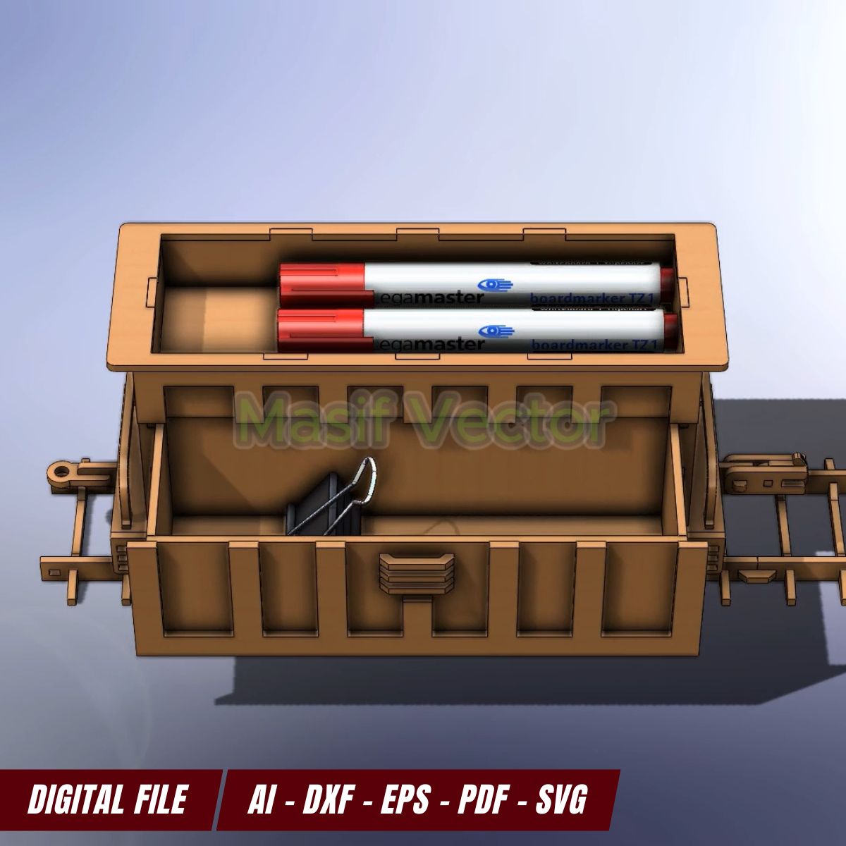 Side view of a train-themed desk organizer showing compartments for markers and pens. Customizable laser cut design for office and home decor. Great gift idea or DIY project.