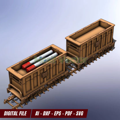 Finished train-shaped desk organizer displayed on a desk with stationery inside. Unique DIY storage box for pens, markers, and gifts. A unique storage box for office or home. Perfect for train lovers and creative gifts.