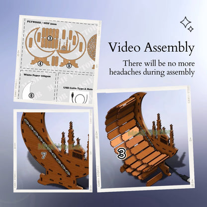 A collage illustrates a step-by-step assembly guide for a crescent moon table lamp. Highlighting how this video assembly ensures no headaches with its ease of setup.