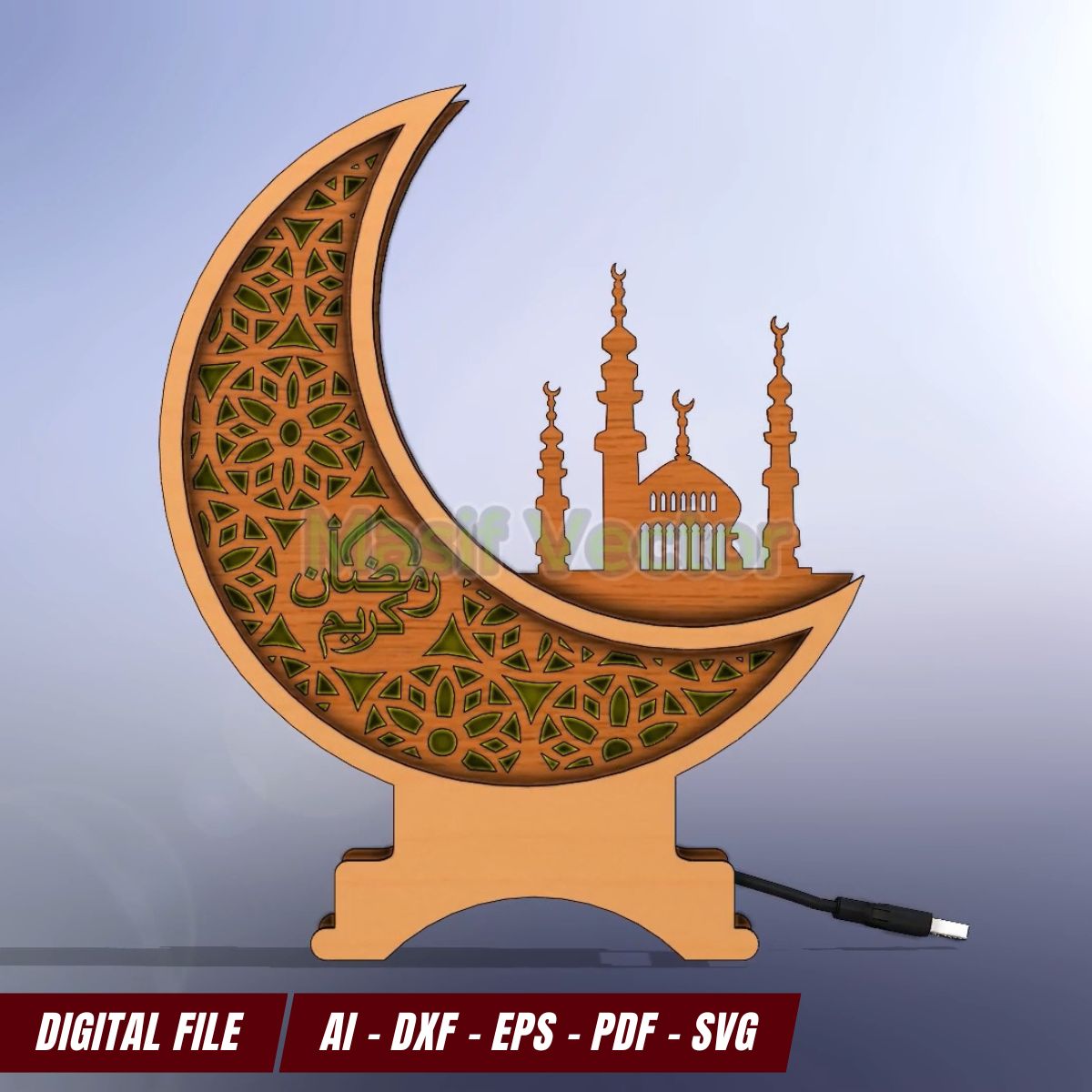 Front view of an Islamic crescent moon lamp glowing softly with USB-powered LED strips. A functional and elegant addition to any Ramadan or Eid decor setting.