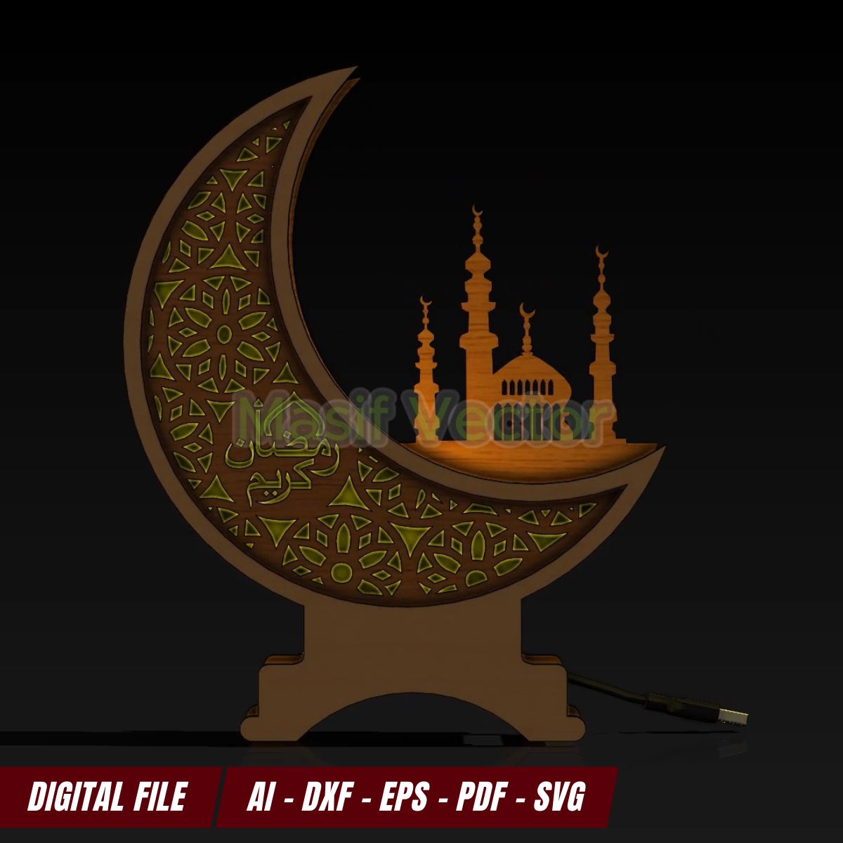 Front view of an Islamic crescent moon lamp lantern glowing softly with USB-powered LED strips. A functional and elegant addition to any Ramadan Mubarak or Eid decor setting.