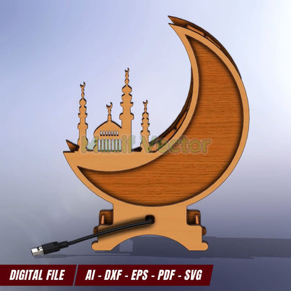 Decorative table lamp for Ramadan featuring a crescent moon shape and modern Islamic patterns. USB-powered with 5V LED strips, perfect for creating a spiritual ambiance.