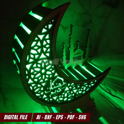 Laser cut files Ramadan lamp displayed on a table with glowing light. Featuring Ramadan Kareem text and crescent moon design, ideal for ramadan decoration or ramadan gift.