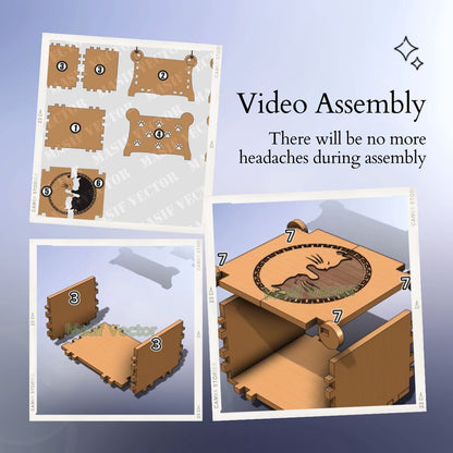 A collage illustrates a step-by-step assembly guide for a yin yang kitties cat jewelry box. Highlighting how this video assembly ensures no headaches with its ease of setup.