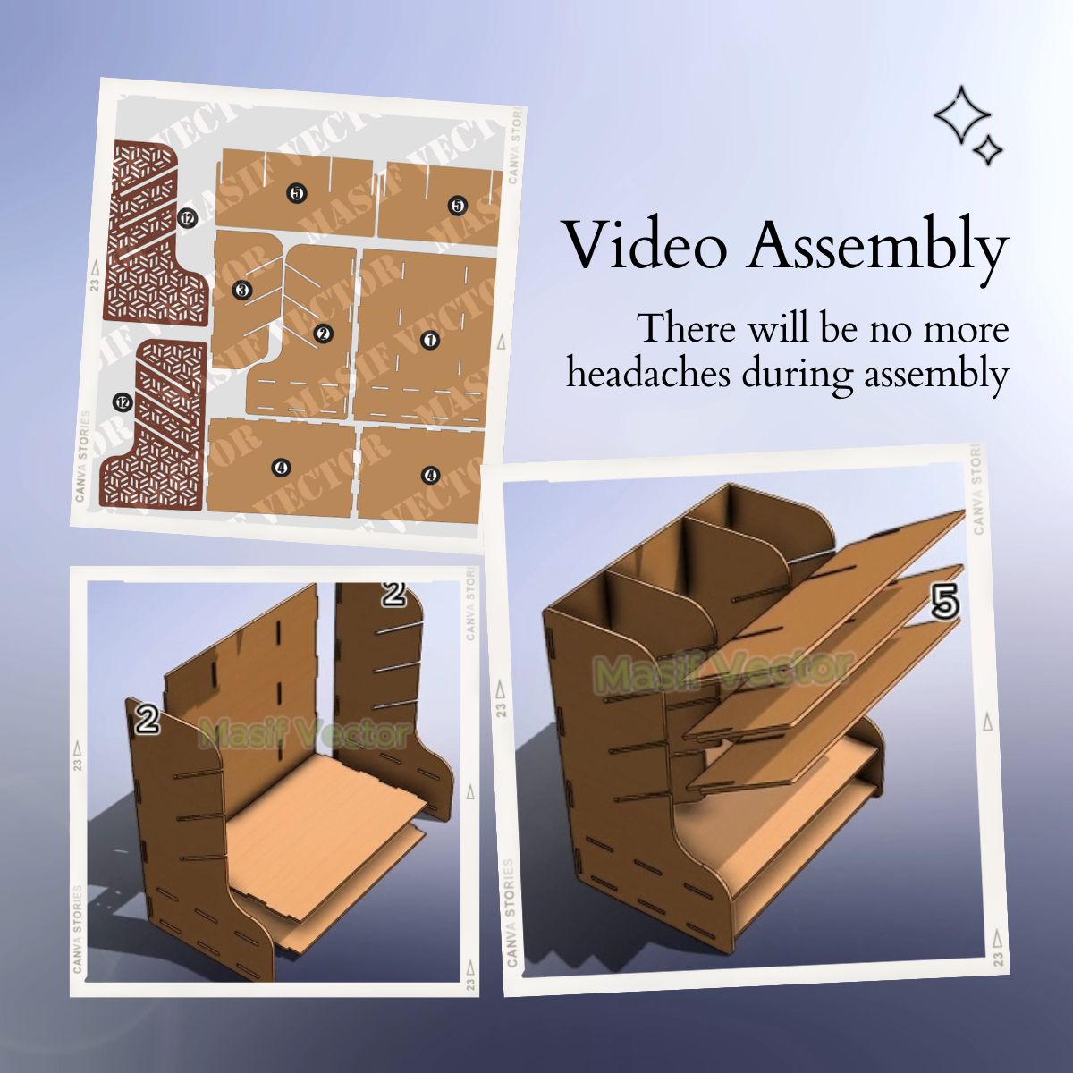 A collage illustrates a step-by-step assembly guide for a desk organizer storage box. Highlighting how this video assembly ensures no headaches with its ease of setup.