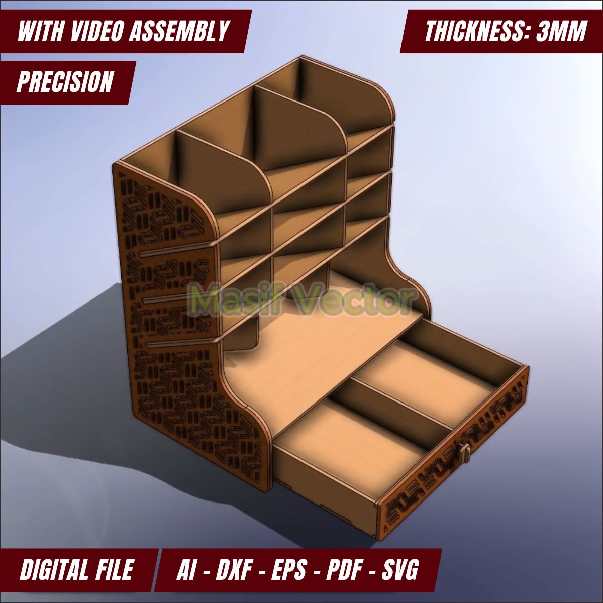 Wooden desk organizer with multiple compartments and a pull-out drawer for stationary and tools. 3mm thickness, precision design, includes video assembly and digital files in AI, DXF, EPS, PDF, and SVG.