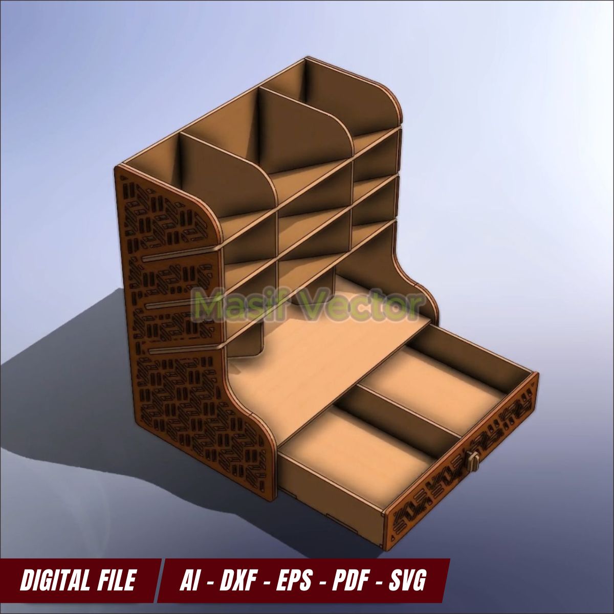 Wooden desk organizer with multiple compartments and a pull-out drawer for stationary and tools. 3mm thickness, precision design, includes video assembly and digital files in AI, DXF, EPS, PDF, and SVG.