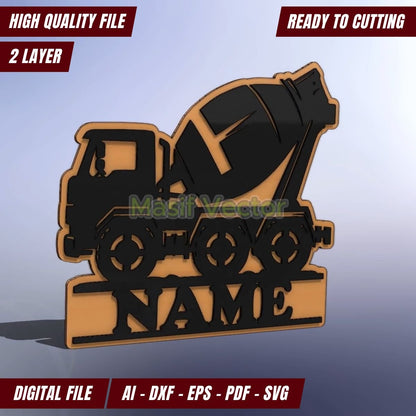 Discover our vibrant Cement Mixer Truck Illustration, designed with eye-catching black and brown details. Perfect for custom door signs, this digital download includes AI, DXF, EPS, PDF, and SVG formats. Ideal for CNC cutting and personalization.