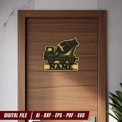 Discover our vibrant Construction Vehicle Mixer Truck, designed with eye-catching black and brown details. Perfect for custom door signs, this digital download includes AI, DXF, EPS, PDF, and SVG formats. Ideal for CNC cutting and personalization.