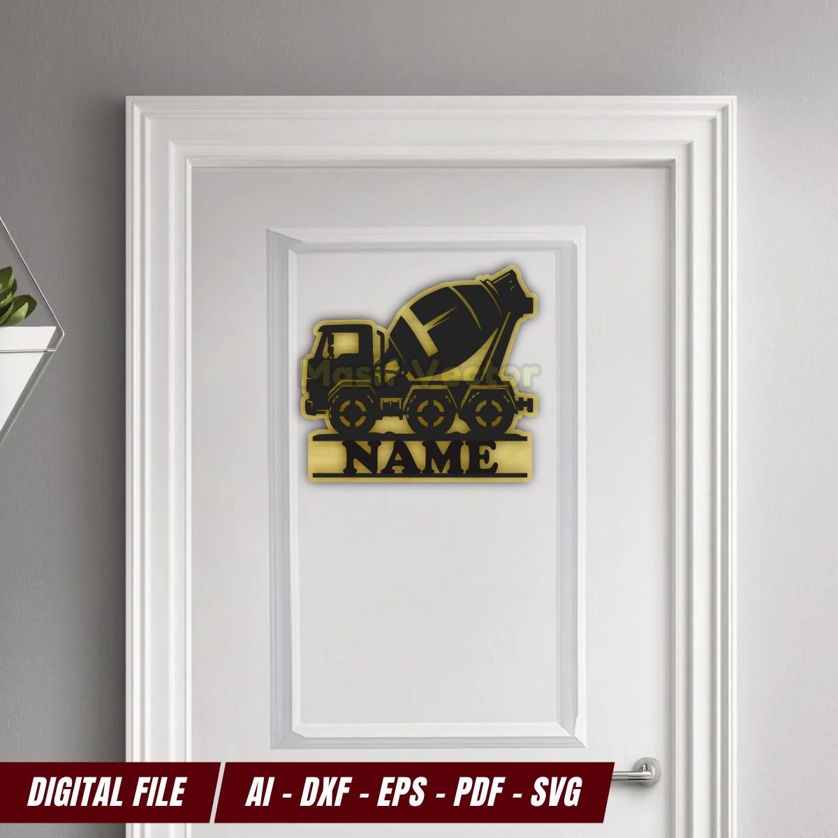 Discover our vibrant Mixer Truck Illustration, designed with eye-catching black and brown details. Perfect for custom kids door signs, this digital download includes AI, DXF, EPS, PDF, and SVG formats. Ideal for CNC cutting and personalization.