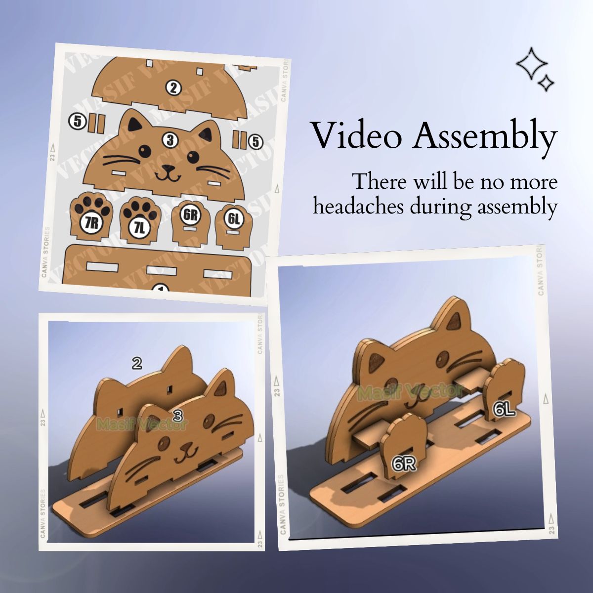 A collage illustrates a step-by-step assembly guide for a eyeglass stand holder. Highlighting how this video assembly ensures no headaches with its ease of setup.