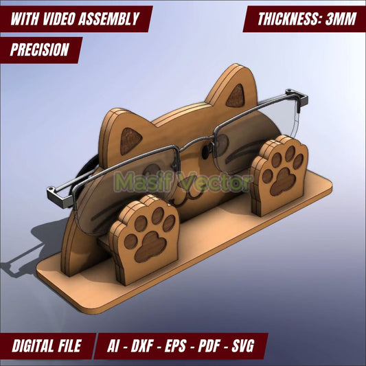 A charming glasses organizer shaped like a cat, boasting glasses perched on its nose. The laser cut files holder features adorable cat ears and paw designs. Thickness: 3mm, formats: AI, DXF, EPS, PDF, and SVG.