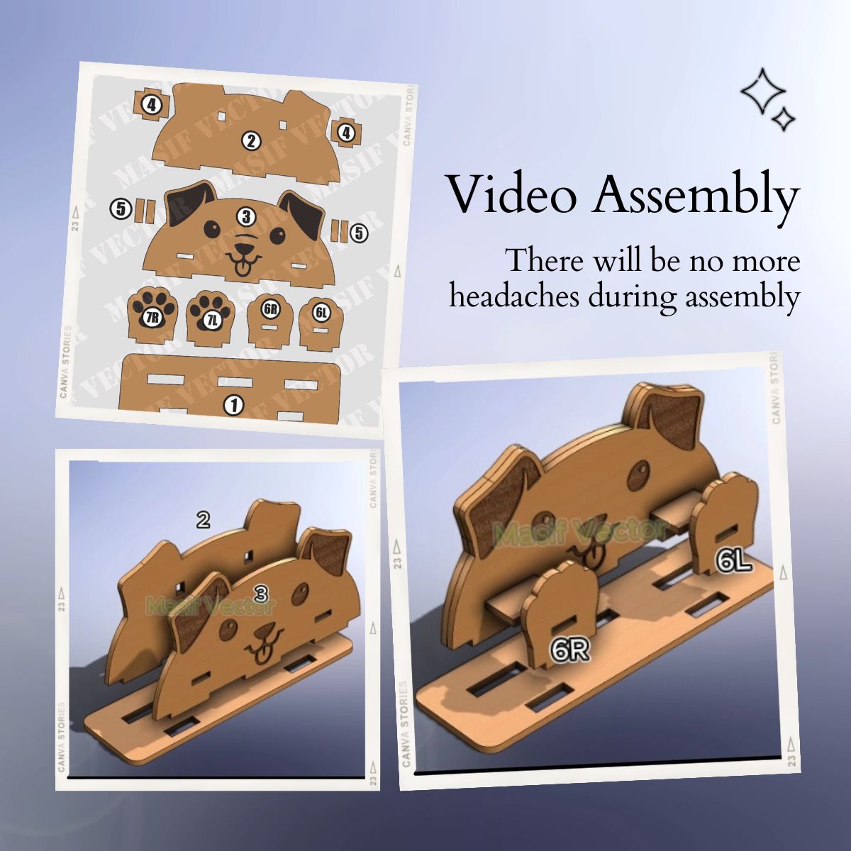 A collage illustrates a step-by-step assembly guide for a eyeglass stand holder dog animal. Highlighting how this video assembly ensures no headaches with its ease of setup.