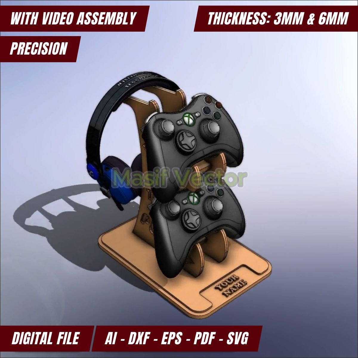 A wooden stand elegantly holds two game pads and a headphone. Video assembly, precision, 3mm and 6mm thickness in laser cut files, and digital file formats: AI, DXF, EPS, PDF, SVG