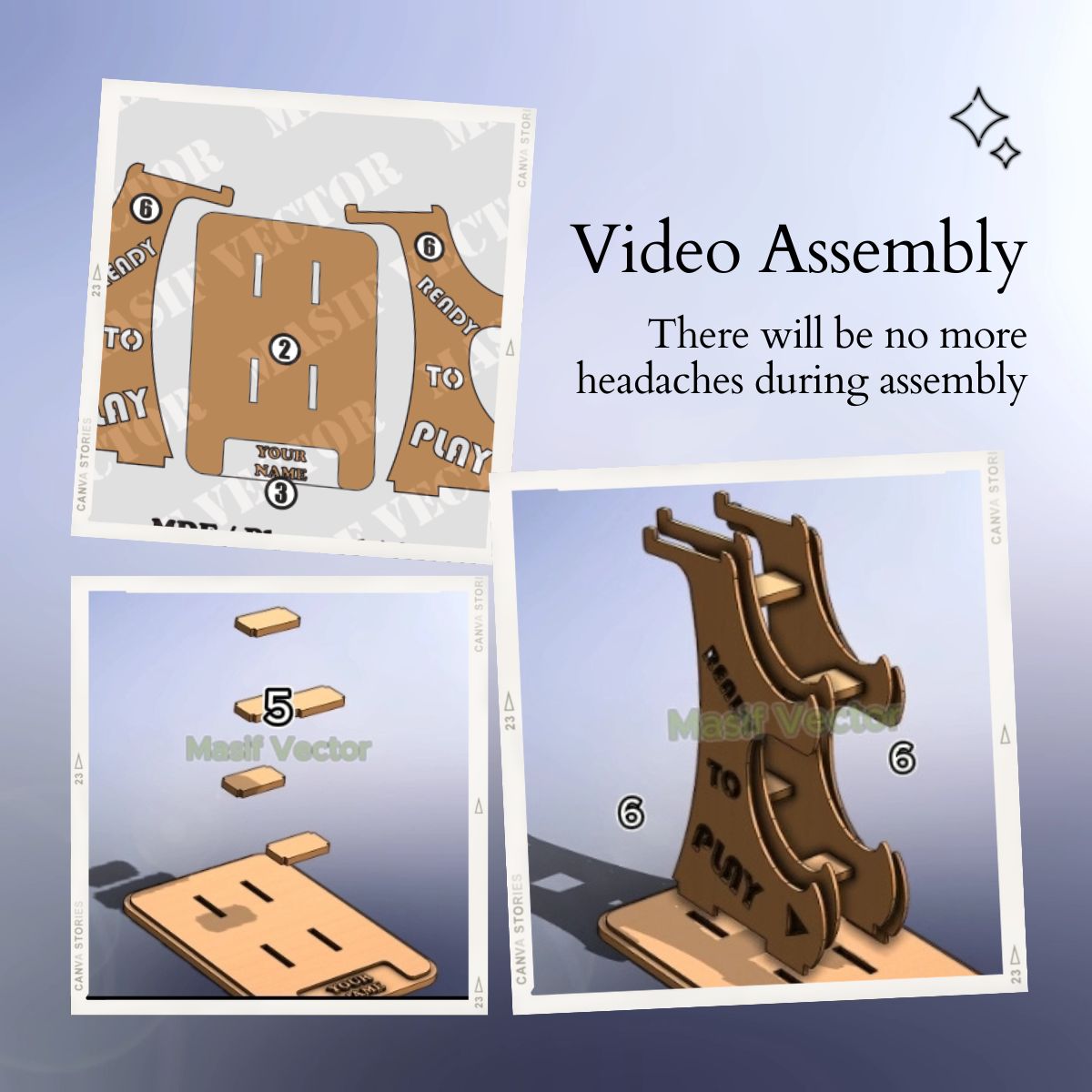 A collage illustrates a step-by-step assembly guide for a game pad and headphone stand holder. Highlighting how this video assembly ensures no headaches with its ease of setup.