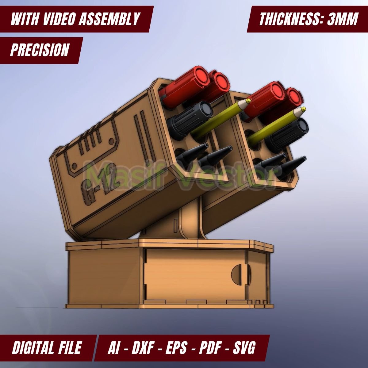 Enhance your workspace with a 3D wooden desk organizer. Laser-cut turret missile launcher pen holder with a drawer, perfect for organizing writing tools in home or office environments. Available in AI, DXF, EPS, PDF SVG. Ideal for DIY laser cutting.