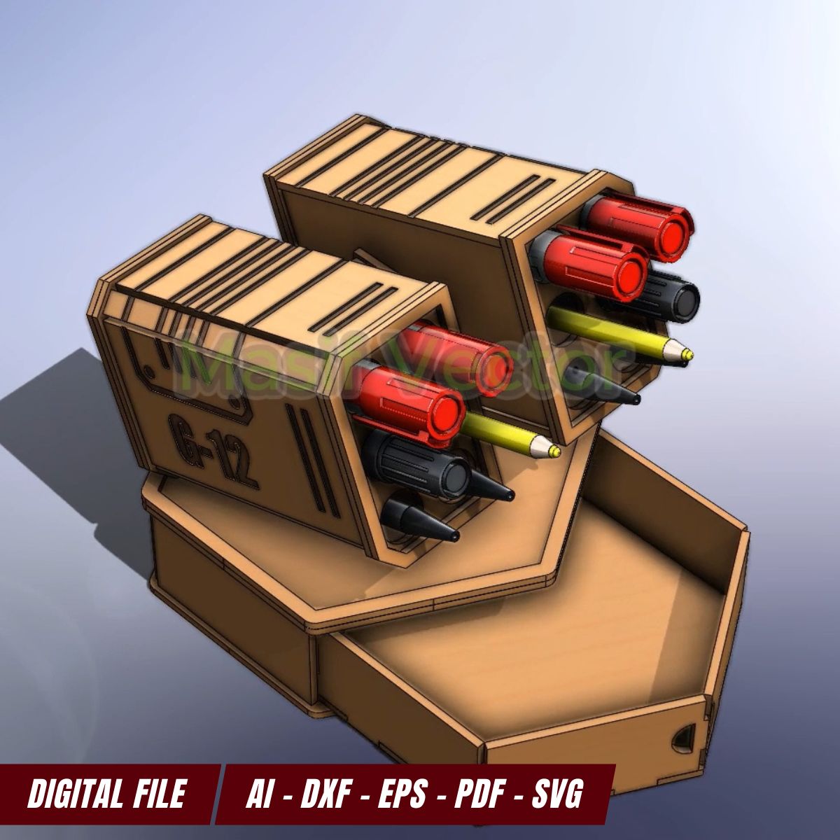 Stylish pen holder shaped like a turret missile launcher, featuring a drawer for organized storage of writing instruments.