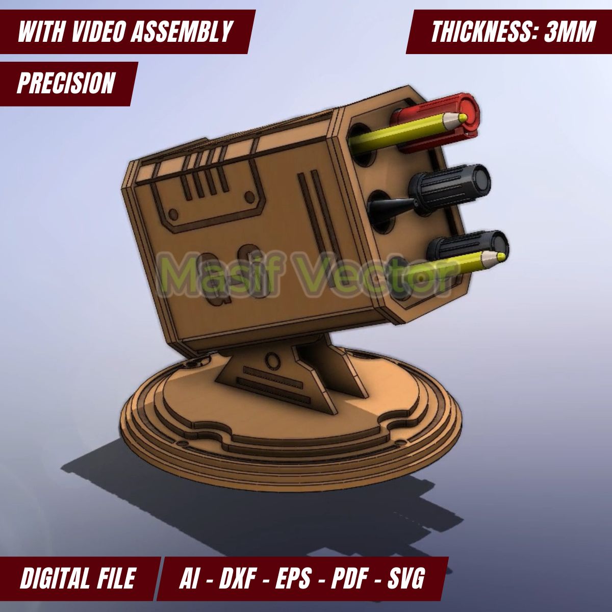 Wooden model of a futuristic turret with multiple barrels on a circular base, doubling as a unique storage box. Perfect for holding pens, pencils, and markers, this pen holder is a must-have for any home or office space. Thickness 3mm for laser cut.