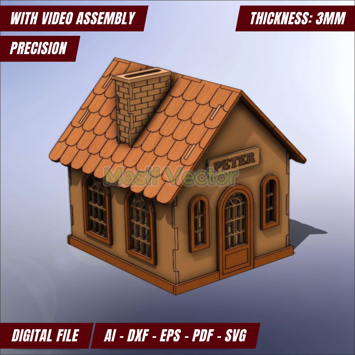 A charming small house with an arched window and door  as a unique money box. Savings with this aesthetically piggy bank. Ready for laser cut files  AI, DXF, EPS, PDF, SVG formats, its designed for 3mm thickness with video assembly available.