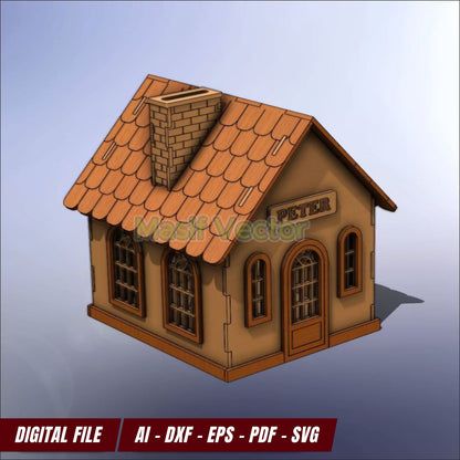 A charming small house with an arched window and door  as a unique money box. Savings with this aesthetically piggy bank. Ready for laser cut files  AI, DXF, EPS, PDF, SVG formats, its designed for 3mm thickness with video assembly available.