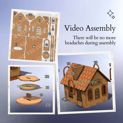 A collage illustrates a step-by-step assembly guide for a house money box. Highlighting how this video assembly ensures no headaches with its ease of setup.