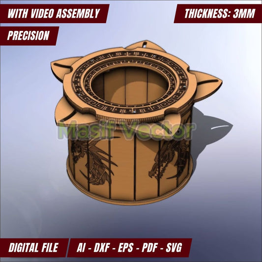 Enhance your workspace with this stunning iris box. Perfect for laser-cutting, it features intricate dragon designs and a circular top. Comes in AI, DXF, EPS, PDF, SVG includes Video Assembly. 3mm thickness. Ideal for office stationery or candy!