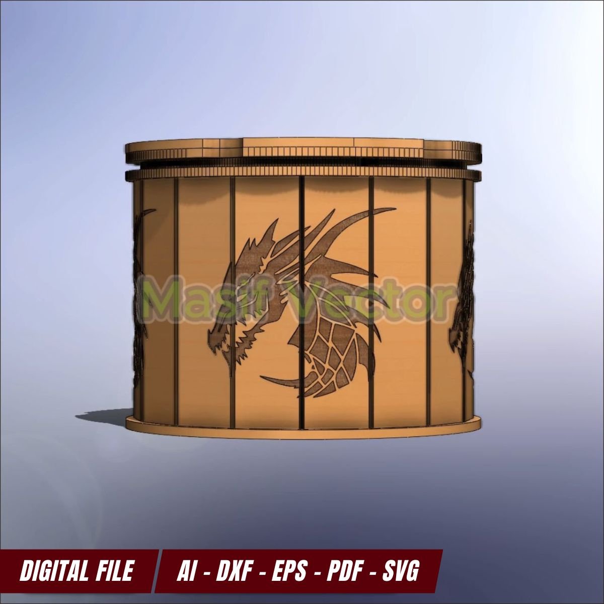 Enhance your workspace with this stunning iris box. Perfect for laser-cutting, it features intricate dragon designs and a circular top. Comes in AI, DXF, EPS, PDF, SVG includes Video Assembly. Ideal for a gift box!