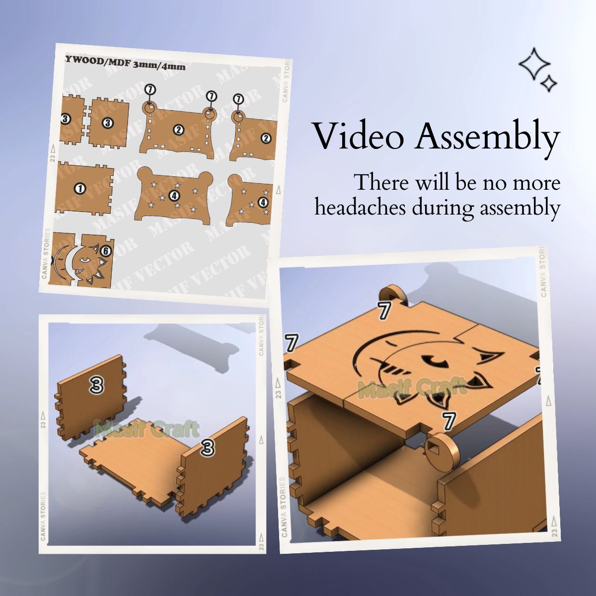 A collage illustrates a step-by-step assembly guide for a sun moon jewelry box. Highlighting how this video assembly ensures no headaches with its ease of setup.