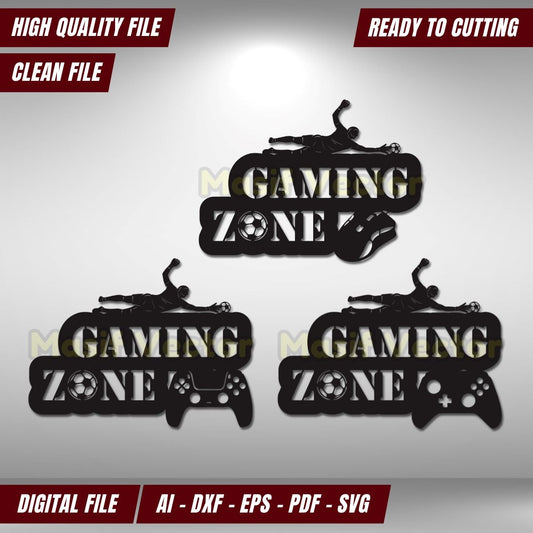 Enhance your game room with our Gaming Zone silhouette wall art! Featuring a gamer with a controller on three signs, this decor is perfect for game lovers. Available in AI, DXF, EPS, PDF, and SVG. Ideal for digital cutting. High-quality files!