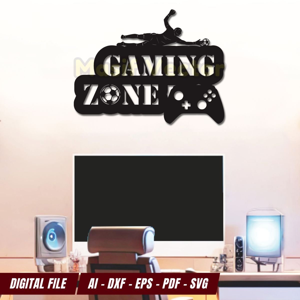 Enhance your game space with our Gaming Zone silhouette wall signs! Featuring a gamer with a controller, this decoration is perfect for game enthusiast. Available in digital download AI, DXF, EPS, PDF, and SVG. Ideal for digital cutting.