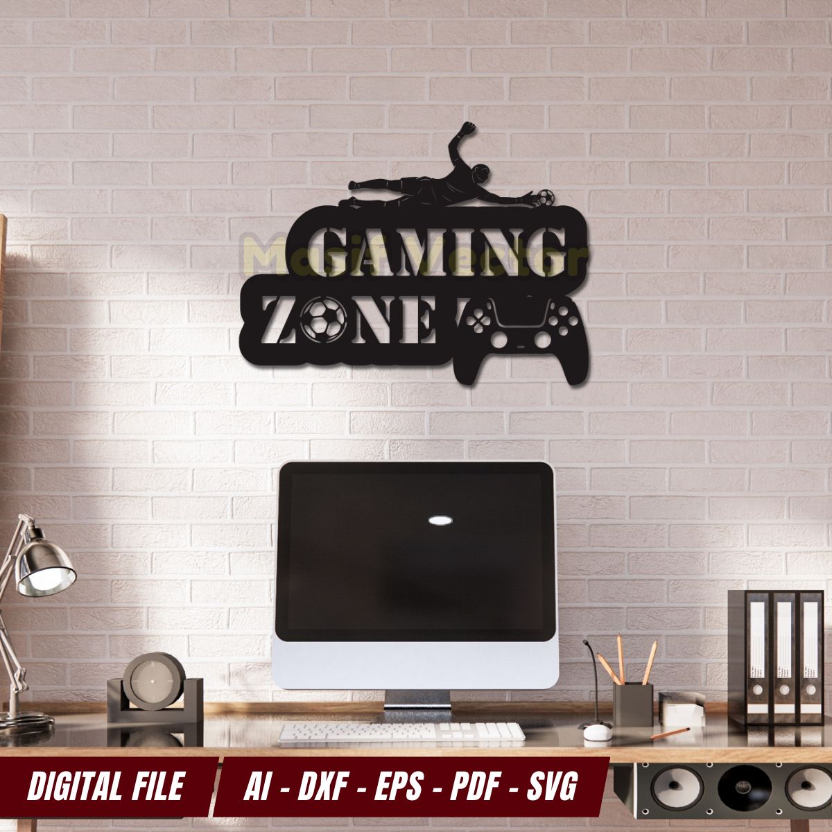 Enhance your game room with our Gaming Zone laser cut wall art! Featuring a gamer with a controller, this home decor design is perfect for game lovers. Available in AI, DXF, EPS, PDF, and SVG. Ideal for digital cutting. High-quality files!