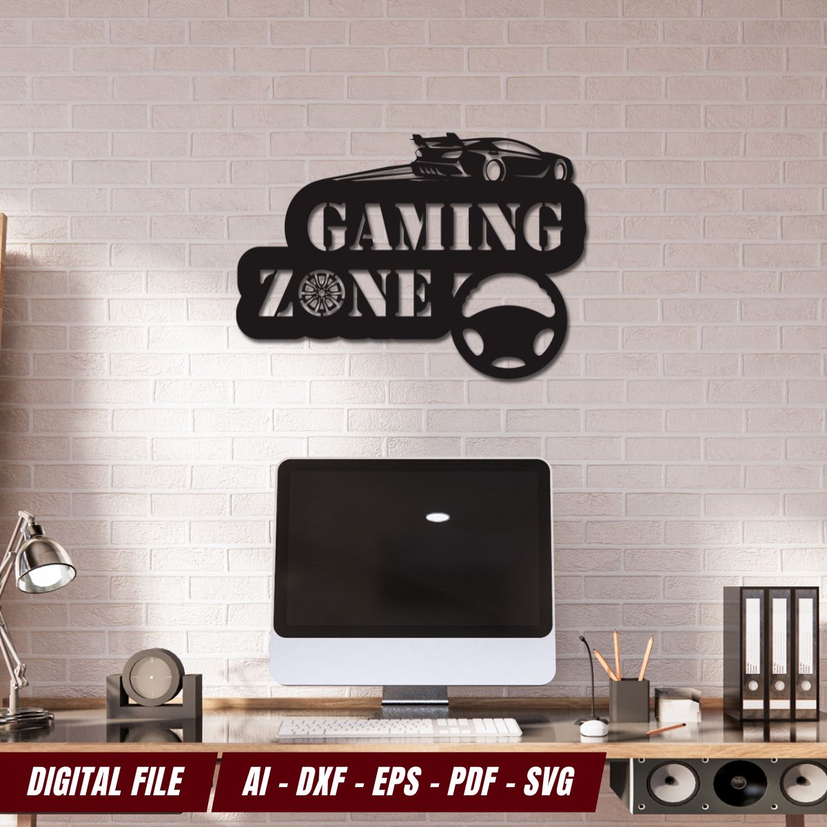 Enhance your gaming room with high-quality digital file design templates featuring GAMING ZONE text, car, steering wheel, and console controller graphics. Perfect home decor for gaming lover. Ideal for gamers!