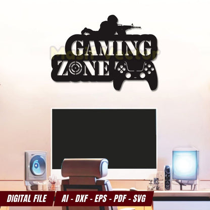 A modern game room boasts a Gaming Zone wall art above a desk adorned with a black gaming controller and figure holding a rifle. Perfect for war games, a minimalist backdrop, creating an ideal blend of tech and home decor.